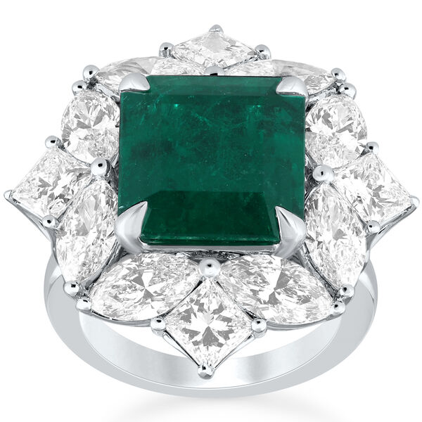 Emerald Octagon-Cut Ring with Diamonds in White Gold