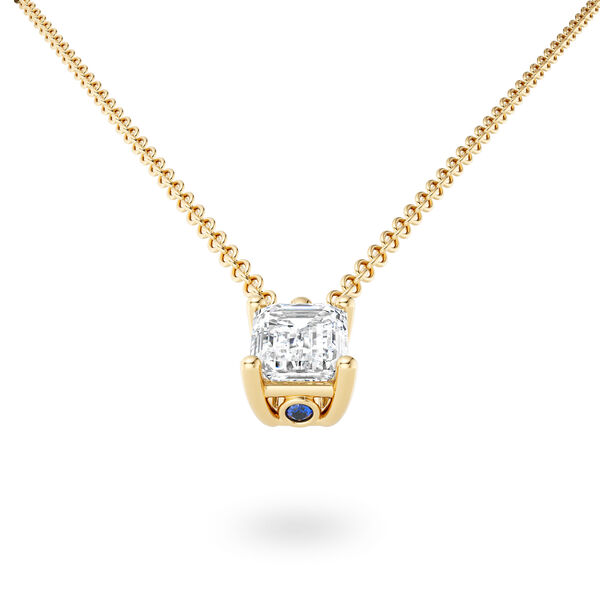 Yellow Gold Emerald-Cut Diamond Pendant with Sapphire Accent