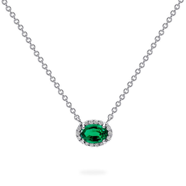 White Gold Emerald and Diamond Pendant Neckalce
