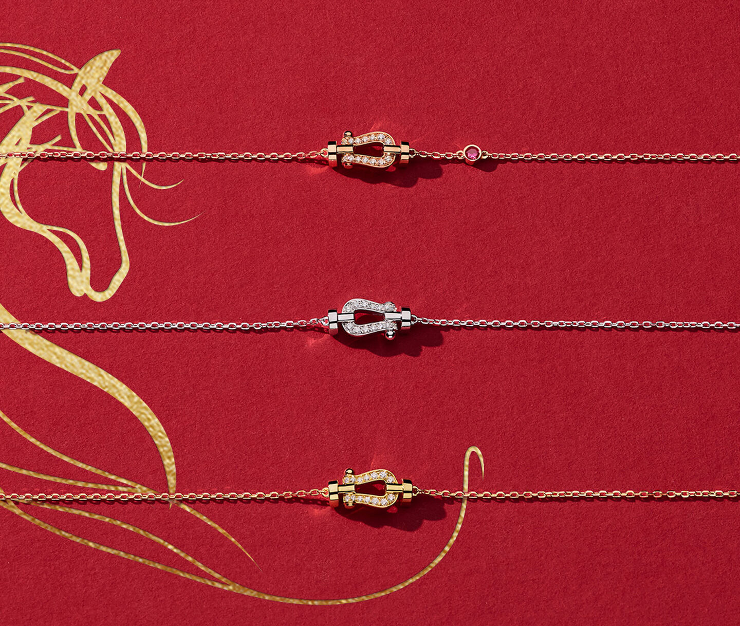 3 FRED Force 10 diamond necklaces on a red background with a horse illustration.