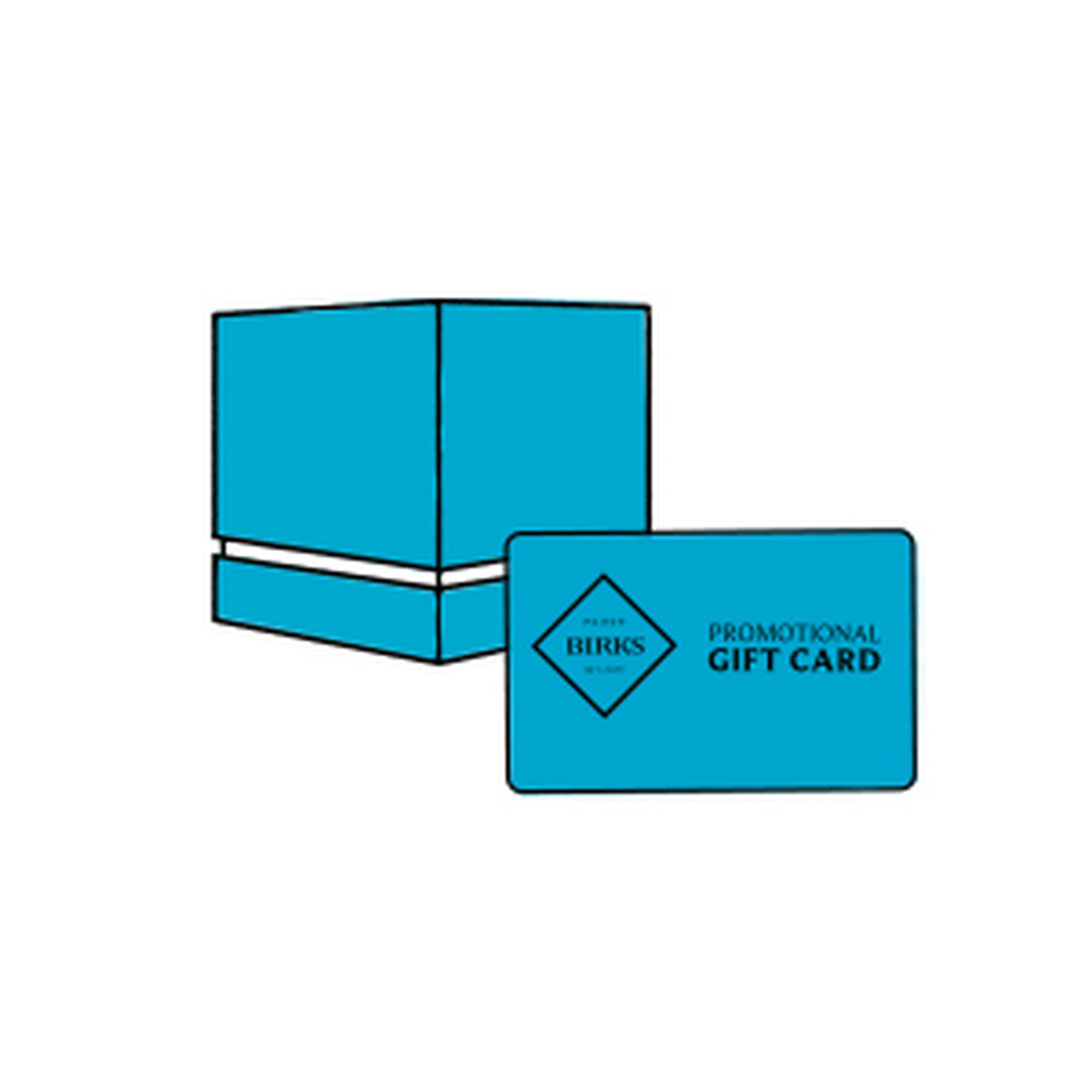 Illustration of a Maison Birks blue gift card and bag.