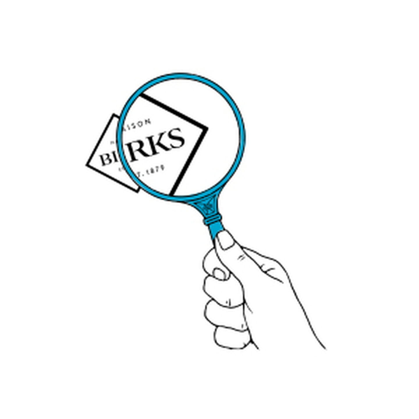 Illustration of a magnifying glass over a Maison Birks logo. 