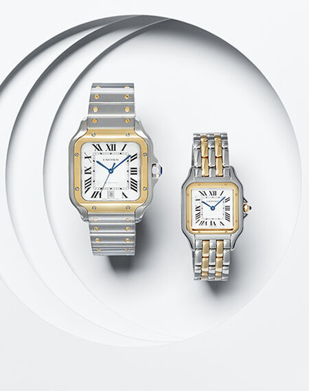 A Santos de Cartier and Panth&egrave;re de Cartier watches on a white layered background.