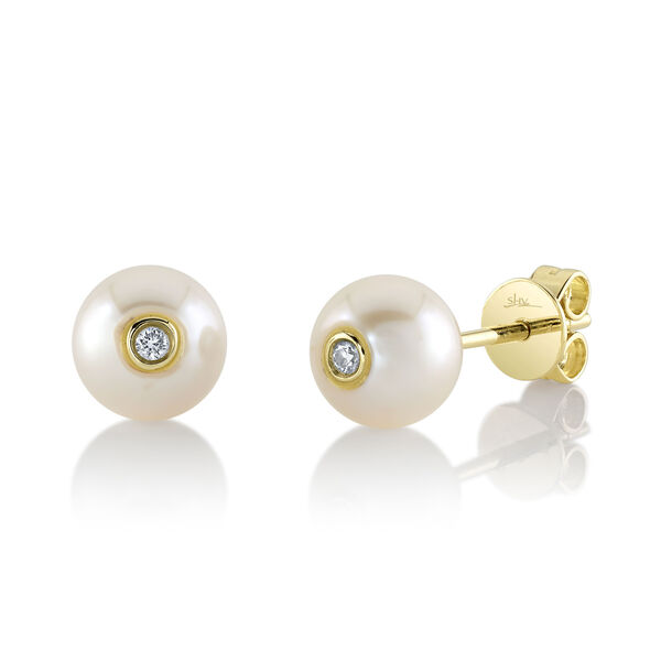 Jackie Yellow Gold, Pearl and Diamond Stud Earrings