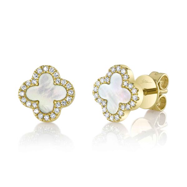 Clover Yellow Gold, Mother-of-Pearl and Diamond Pav&eacute; Earrings