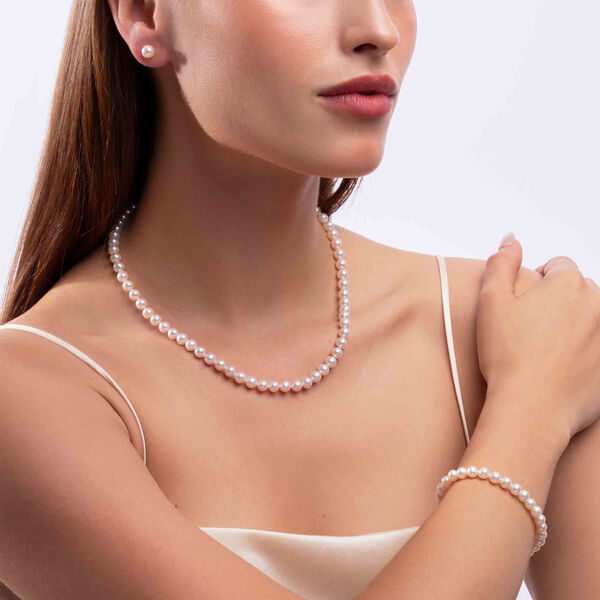 Classic White Gold and Pearl Necklace, Bracelet and Stud Earrings Set
