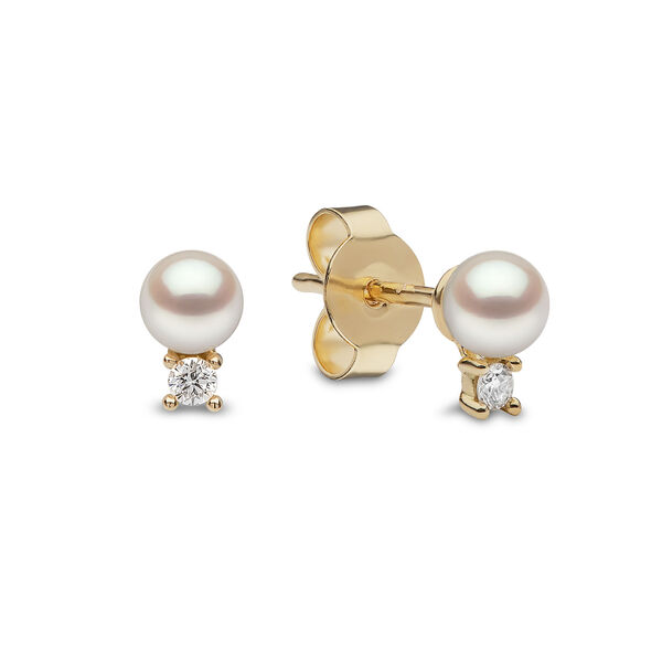 Trend Yellow Gold Pearl and Diamond Stud Earrings