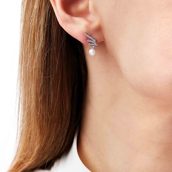 Sleek White Gold Pearl and Diamond Earrings