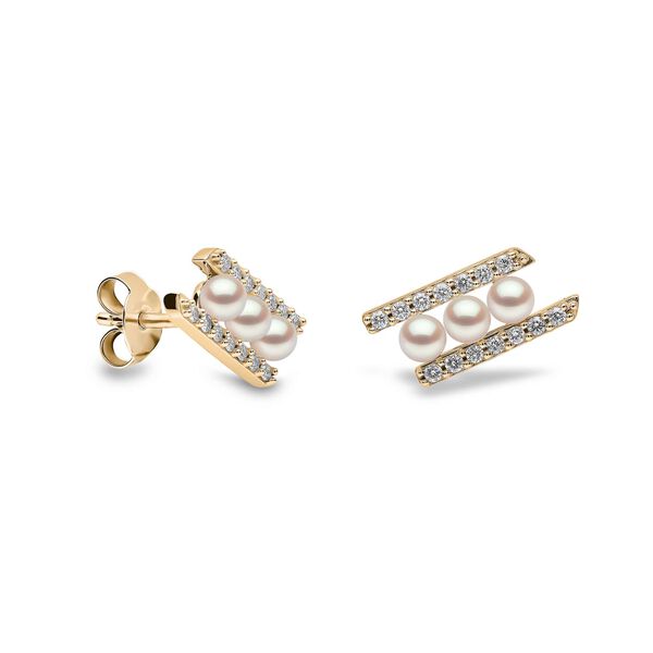 Sleek Yellow Gold Pearl and Diamond Earrings