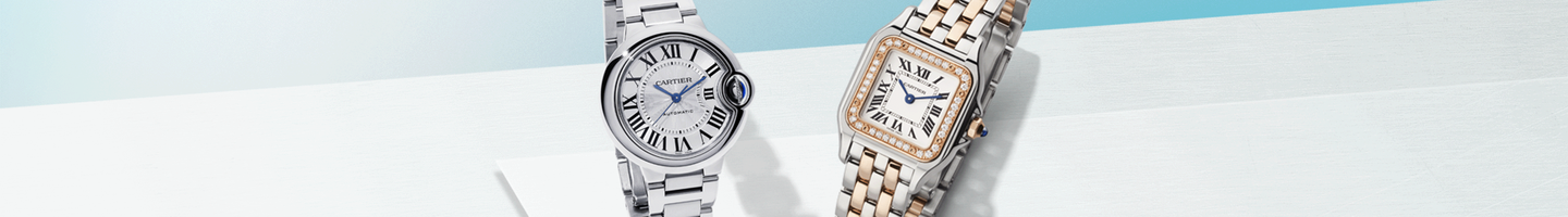 Ballon Bleu and Panth&egrave;re de Cartier watch on a blueish white background.