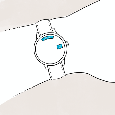 Day-date watch complication sample on a wrist.