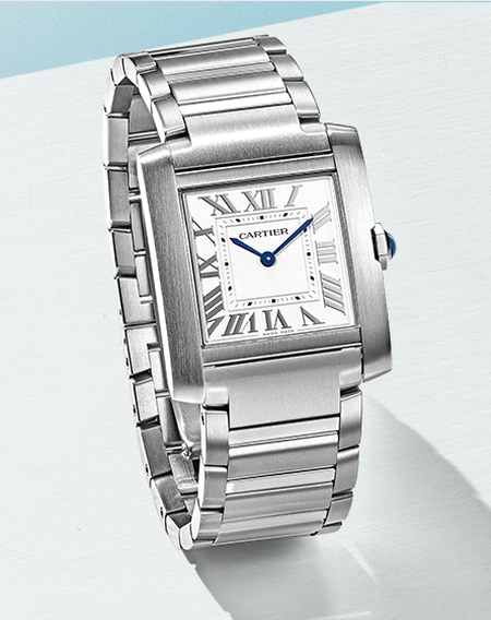 Cartier watch on a blue background.