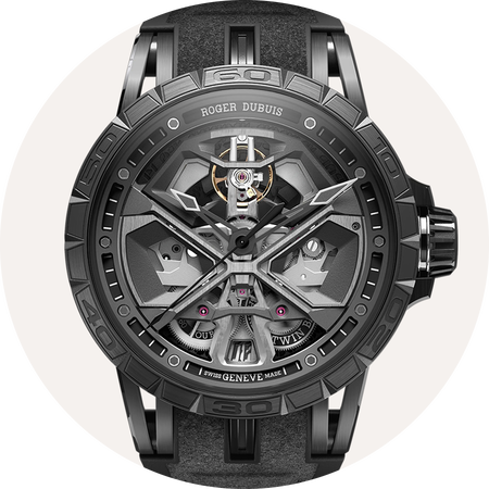 Roger Dubuis Excalibur watch on a beige background.