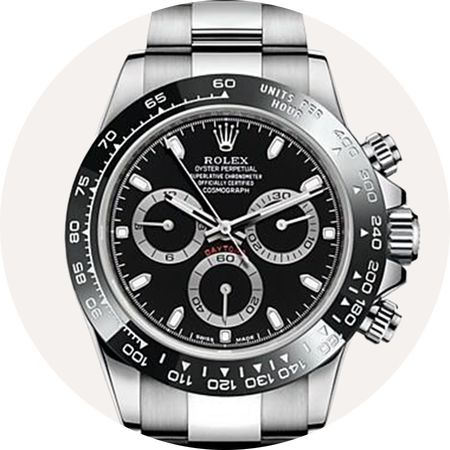 Rolex Cosmograph Daytona watch on a beige background.