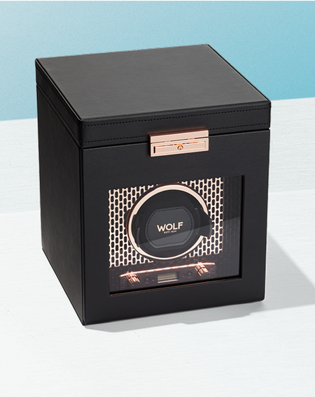 WOLF watch winder on a light and baby blue background.